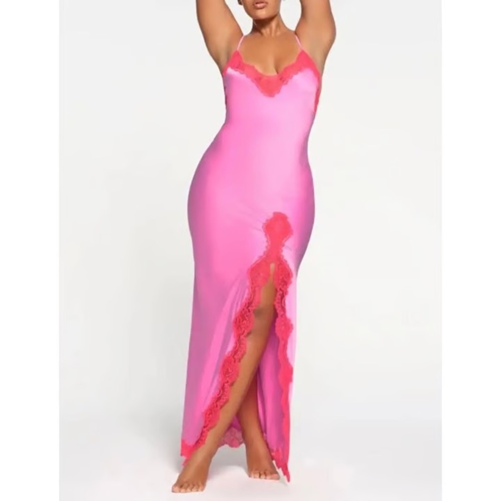 Skims Stretch Satin Lace Long Dress Neon Orchid Valentine’s Day Lana Del Rey NWT - Picture 3 of 5